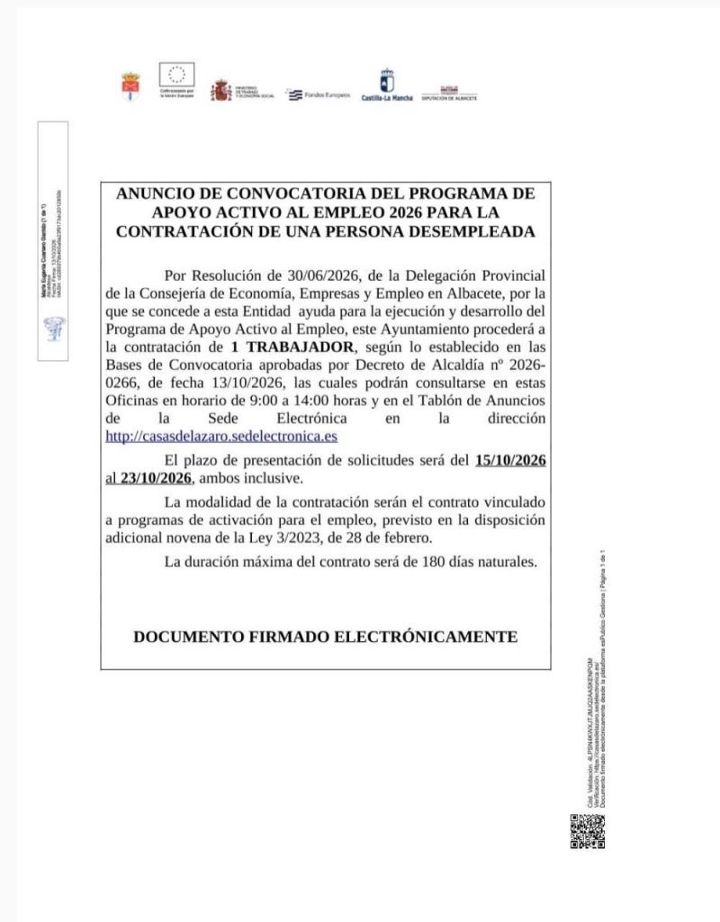 CONVOCATORIA DEL PROGRAMA DE APOYO ACTIVO AL EMPLEO 2026